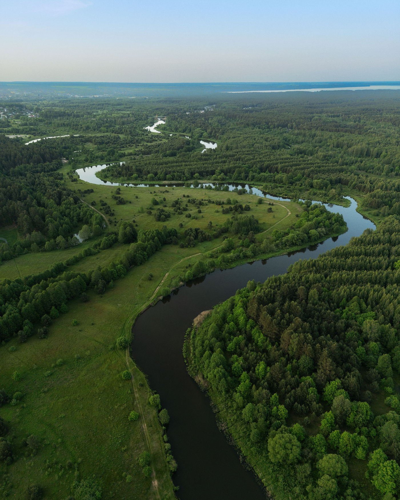 Aerial view of a river winding through forest and open meadow